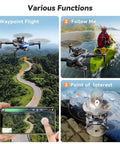 Various functions of the 4K GPS Drone With Obstacle Alerts And Auto Return, featuring waypoint flight, follow me, and point of interest.