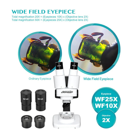 Grab And Go Portable Stereo Microscope With 20X And 50X Magnification, LED Light, WF Eyepieces, And 65 To 102 Mm Working Distance, Great For Insect Specimens And Mineral Studies, Includes 10 Slides And 12 Mineral Specimens, with WF10X and WF25X eyepieces