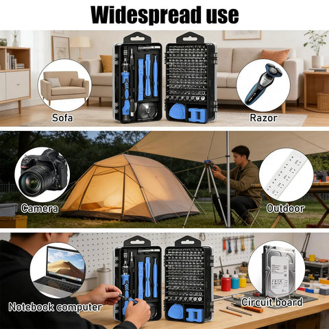 115-In-1 Precision Screwdriver Set With Magnetic Bits Clutch Head Non Slip Ergonomic Handle Tweezers And All-In-One Repair Kit For Electronics Watches Glasses Laptops Phones And Auto Maintenance Blue displayed in use