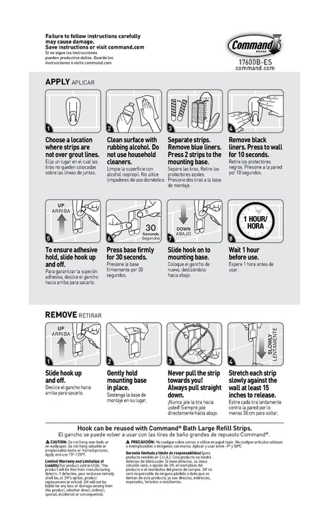 Instruction sheet for Damage Free Bathroom Hook With Water Resistant Strips No Tools Needed 1 Hook And 2 Strips.