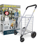 Foldable Shopping Cart With Wheels And Brake System, Heavy Duty Collapsible Utility Cart next to product box.