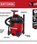 9 Gallon Wet Dry Shop Vacuum With 4.25 Peak HP, Portable Cleaner, red unit with hose, casters, blower port and large drain