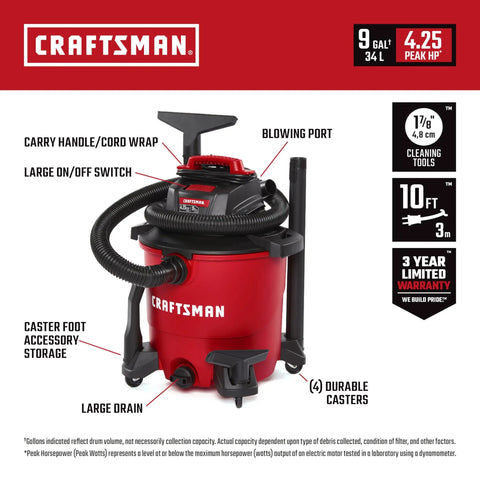 9 Gallon Wet Dry Shop Vacuum With 4.25 Peak HP, Portable Cleaner, red unit with hose, casters, blower port and large drain