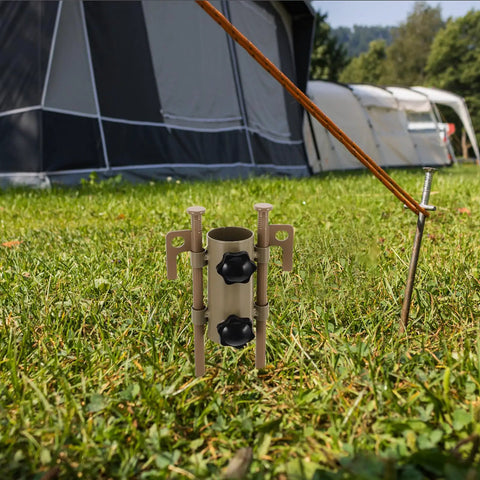 Beefy Adjustable Tent Stake Hammer Set With Aluminum Poles And Sand Stakes in use on grassy lawn