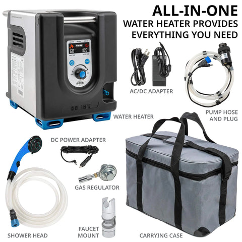 Portable Propane Water Heater And Shower Pump With Built In Battery Compact Outdoor Cleaning System with accessories and carry case