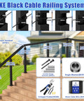 Two Pack 6 Ft 6 In Stainless Steel Cable Railing Handrail For Indoor Outdoor Deck And Stair, Flat Top Black Rectangular Handrail Kit With End Caps, Seamless Weldless Design For Low Maintenance, Model HT01 illustration with parts and tools