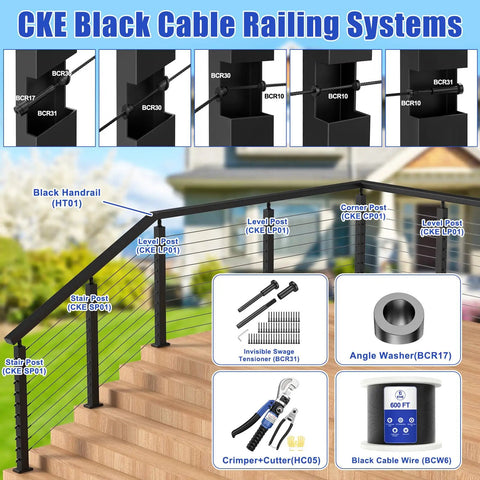 Two Pack 6 Ft 6 In Stainless Steel Cable Railing Handrail For Indoor Outdoor Deck And Stair, Flat Top Black Rectangular Handrail Kit With End Caps, Seamless Weldless Design For Low Maintenance, Model HT01 illustration with parts and tools