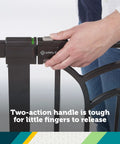 Hand securing lock on tall and wide baby gate for doorways with easy install no drilling and pressure mount decor friendly design