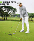 Man using Golf Alignment Stick Trainer With Adjustable Swing Plane Guide For Indoor And Outdoor Practice Pro Grade Visual Swing Cues