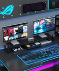 Dual Monitor Stand Riser With Drawer And Magnetic Pen Holders Adjustable Desk Organizer For Home Office Keeps Your Desk Setup Clean And Neat Sturdy Computer Monitor Stand With Top Shelf Black setup view