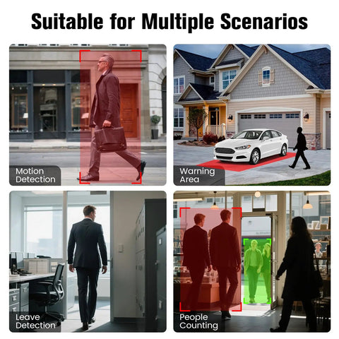 4MP 2.5K Window Camera With No Monthly Fees screen showing motion detection, warning area, leave detection, people counting features