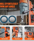 Heavy Duty Portable Electric Magnetic Drill Press With 2 Inch Boring Diameter And Variable Speed Control Up To 500 Rpm For Steel Jobsite Boring Needs in various positions.