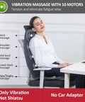 Woman relaxing on a Cozy Massage Seat Cushion with heat and memory foam neck and lumbar support, 10 vibration motors, in office setting