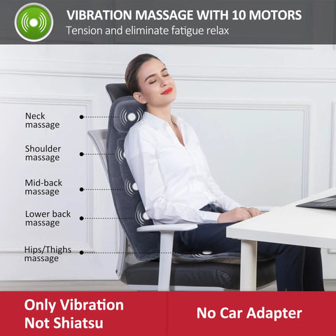 Woman relaxing on a Cozy Massage Seat Cushion with heat and memory foam neck and lumbar support, 10 vibration motors, in office setting