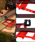 Easy Setup Heavy Duty Vertical Chainsaw Guide With Adjustable Lumber Cutting Rail And Precision Woodworking Jig For No Sweat Rip Cuts On All Your Timber Boards Built Darn Tough For Weekend Warrior Projects In Bright Red showing adjustable hole arrangement and fixed chainsaw features.
