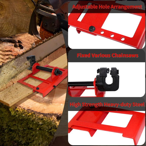 Easy Setup Heavy Duty Vertical Chainsaw Guide With Adjustable Lumber Cutting Rail And Precision Woodworking Jig For No Sweat Rip Cuts On All Your Timber Boards Built Darn Tough For Weekend Warrior Projects In Bright Red showing adjustable hole arrangement and fixed chainsaw features.