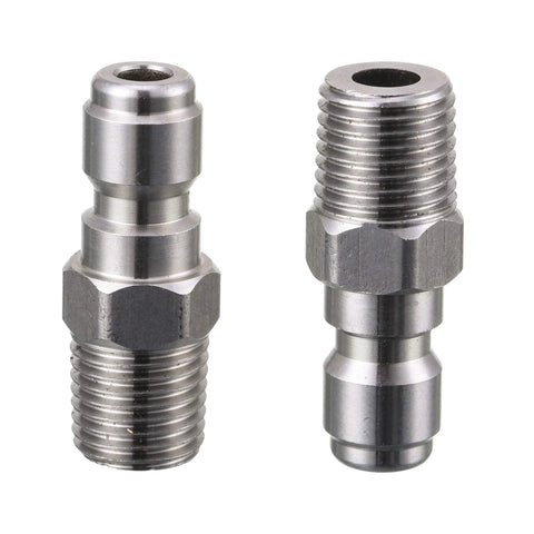 Two stainless steel 1/4-inch male NPT quick-connect pressure washer fittings, hex body, 2-pack
