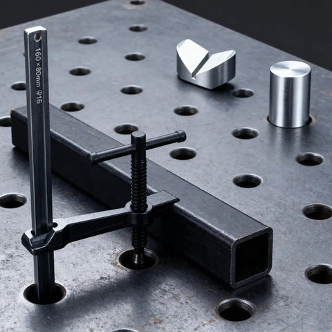 Heavy Duty Welding Fixture Set With T-Handle Clamps And 2 Fixtures Plus 12 Pins For 5/8 Inch Welding Tables, shown in use