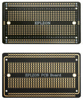 Front and back view of 10 Piece Gold Plated Solderable Breadboard PCB Kit, 3.5 by 2.05 inches, black finish with gold contacts.