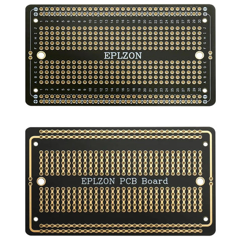 Front and back view of 10 Piece Gold Plated Solderable Breadboard PCB Kit, 3.5 by 2.05 inches, black finish with gold contacts.
