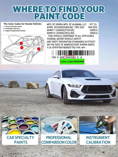 White car parked by ocean with color codes for Honda vehicles and paint options like White Orchid Pearl Car Touch Up Paint For Honda.