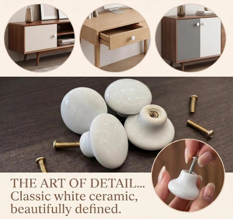 White Ceramic Cabinet Knobs 4 Pack Round Dresser Knobs For Kitchen Cabinets Drawers Nightstands And Bathroom Vanities Durable Ceramic With Metal Shaft 32mm Diameter 22mm Height Easy Install Upgrade white ceramic round knobs on cabinets and drawer