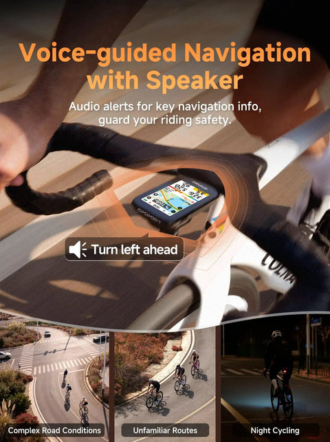 GPS Bike Computer with 3.3 inch touchscreen displaying map and voice navigation on a bike handlebar with scenic cycling images.