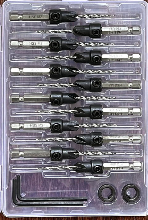 12 Pc Pro Grade Adjustable Wood Countersink Drill Bit Kit With Parabolic Flute And Tapered Bits in storage case