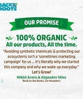 Image of Back to the Roots 100% organic promise with message from co-founders Nikhil Arora and Alejandro Vélez about sustainability.