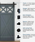 Designer Interior Barn Door Hardware Kit 72 Inch Matte Black Sliding Track with Soft Close Rollers mounted on a wall with components labeled.