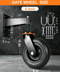 Heavy Duty 8-Inch Gate Wheel With Spring Loaded Support And 750 Lb Capacity, 360 Degree Rotation shown with dimensions