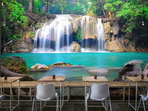 Epic Deep Forest Waterfall Wall Mural Peel And Stick Self Adhesive Wallpaper Large 141.7 By 98.4 Inches Six Panel Set featuring a vibrant waterfall landscape in a dining room setting.