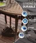 Fillable Bronze Patio Table Umbrella Base Built To Last And Heavy Duty With 3 Point 5 Pound Weight Fits One To One And A Half Inch Poles Rustproof UV Stabilized Polymer Weatherproof Design For Years Of Outdoor Use shown under patio table