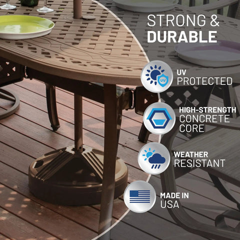 Fillable Bronze Patio Table Umbrella Base Built To Last And Heavy Duty With 3 Point 5 Pound Weight Fits One To One And A Half Inch Poles Rustproof UV Stabilized Polymer Weatherproof Design For Years Of Outdoor Use shown under patio table
