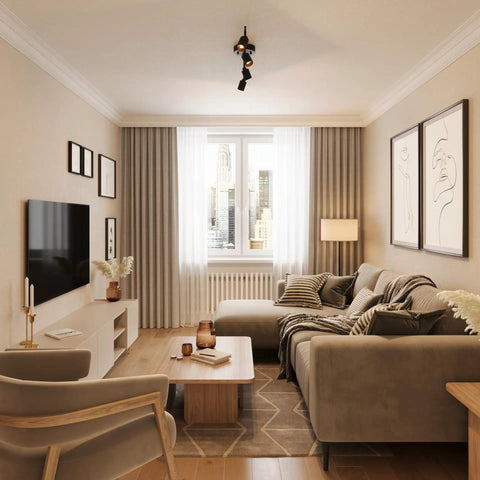 Living room with Shura Black 4-Head Adjustable Track Light Kit With Built-In LED Bulbs, ceiling mount, 3000K warm white