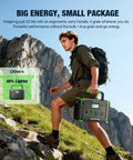 1000W Portable Power Station 999Wh Solar Generator With 200W Solar Panels, lightweight, carried by hiker in mountain terrain.