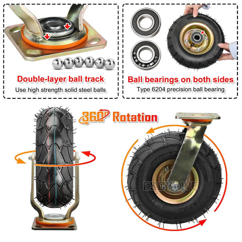 Heavy Duty Pneumatic Rubber Swivel Casters Built Tough Workhorse Grade Industrial Wheels Set Of Four Eight Inch Top Plate Mount with 360-degree rotation feature.