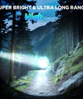 Triple Pack 10000 Lumen Rechargeable Flashlights With LCD Display illuminating a forest path at night, demonstrating high power