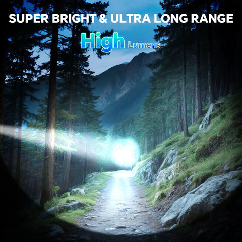 Triple Pack 10000 Lumen Rechargeable Flashlights With LCD Display illuminating a forest path at night, demonstrating high power