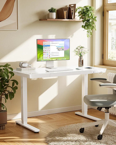 Glass Standing Desk With Drawer, 48 By 24 Inch Electric Height Adjustable Sit Stand Desk With One Piece Tabletop And USB Ports, White