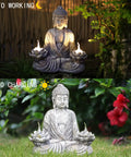 Chill Zen Buddha Statue With LED Solar Lotus Lights, resin Sakyamuni figurine outdoors, night and day views, 9x8.2x4.5 inches