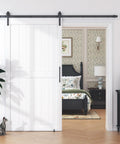 White 30X84 Inches Sliding Barn Door Smooth Rail System Floor Guide H-Frame Hardware Kit Waterproof PVC Surface Easy Setup in bedroom.