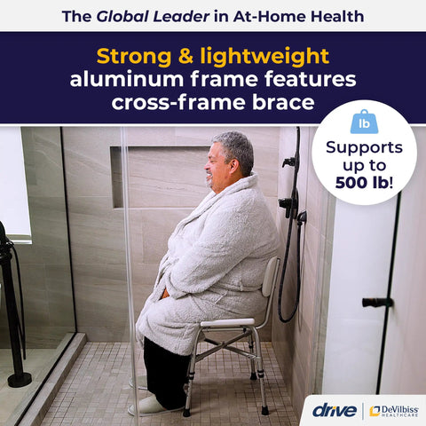Man sitting on Bariatric Heavy Duty Bathroom Bench With Back Rest No Slip Shower Chair Gray Built To Last Safe For Seniors And Disabled Bathrooms Perfect For Tub Or Shower Use At Home in modern bathroom.