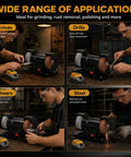 Cordless Mini Bench Grinder With Adjustable Speed And AC DC Dual Power Perfect For Sharpening Blades Polishing Steel Removing Rust And Tackling Yard Projects, showcasing applications for knives, drills, shears, and steel.