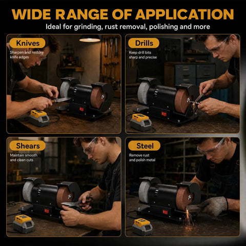 Cordless Mini Bench Grinder With Adjustable Speed And AC DC Dual Power Perfect For Sharpening Blades Polishing Steel Removing Rust And Tackling Yard Projects, showcasing applications for knives, drills, shears, and steel.
