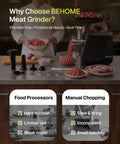 Behome Electric Meat Grinder With 2800W Max Motor used for grinding meat, shown with minced meat and preparation tools.