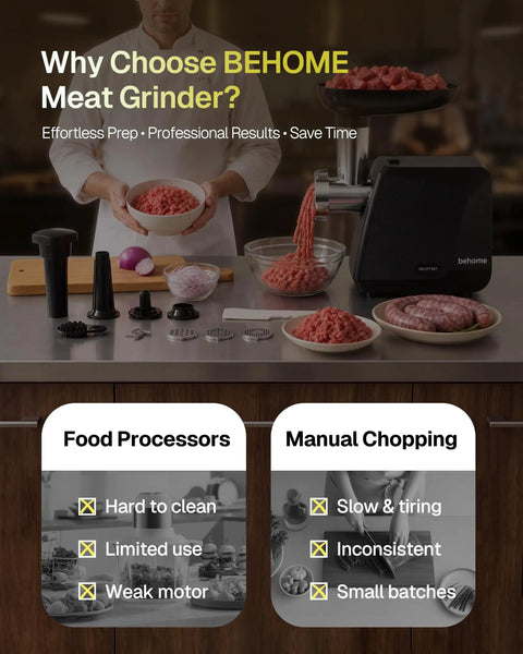 Behome Electric Meat Grinder With 2800W Max Motor used for grinding meat, shown with minced meat and preparation tools.