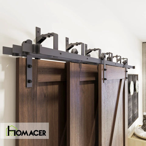 Black Rustic Triple Track Bypass Sliding Barn Door Hardware Kit For Three Interior Doors Nine Foot Flat Tracks Fits Door Thickness 1 3 8 Inch To 1 3 4 Inch Doors Not Included No Fuss Easy Glide Heavy Duty Home Upgrade