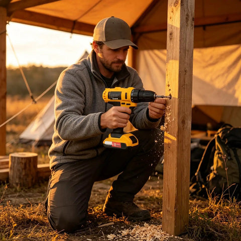 Heavy Duty Cordless Drill Kicking Serious Torque For Woodworking And Diy Projects Quick Change Chuck used by a man drilling into wood.