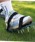 Foot wearing lawn aerator shoe with Eight Piece Aerator Sandal Straps Replacement Set for lawn aerator shoes heavy duty.
